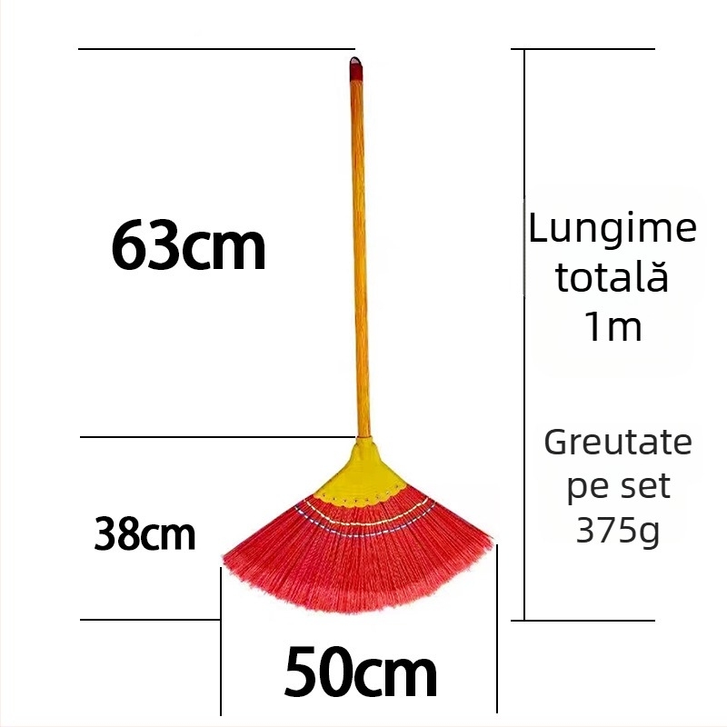 Mătură din plastic durabil cu mâner lung și priză din lemn; dimensiune mare; părul nu se agață.