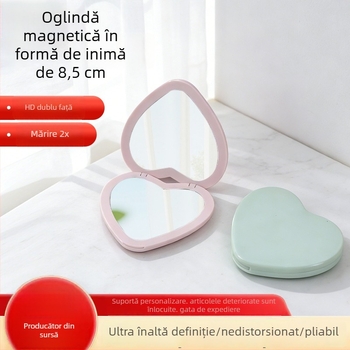 Oglindă pliabilă în formă de inimă cu capac basculant, oglindă dublă pentru machiaj, compactă pentru studenți