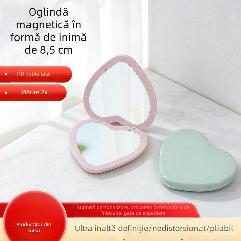 Oglindă pliabilă în formă de inimă cu capac basculant, oglindă dublă pentru machiaj, compactă pentru studenți