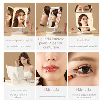 Oglindă de machiaj cu LED pentru birou, cu trei panouri, potrivită pentru cămine studențești și uz casnic