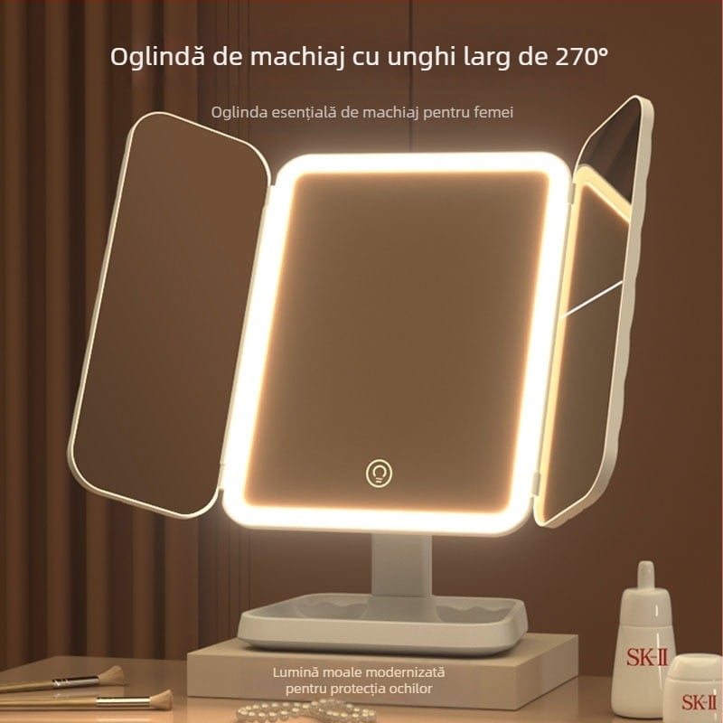 Oglindă de machiaj cu LED pentru birou, cu trei panouri, potrivită pentru cămine studențești și uz casnic