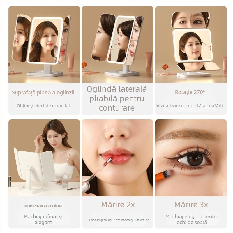 Oglindă de machiaj cu LED pentru birou, cu trei panouri, potrivită pentru cămine studențești și uz casnic