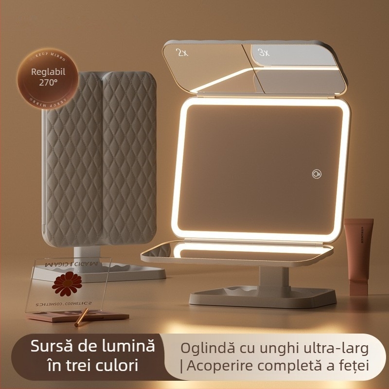 Oglindă de machiaj cu LED pentru birou, cu trei panouri, potrivită pentru cămine studențești și uz casnic