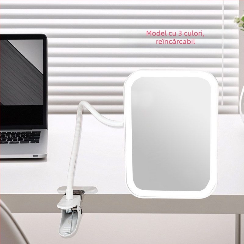 oglindă de machiaj cu clips pentru birou, portabilă și extensibilă, iluminare suplimentară, reîncărcabilă, HD, reglabilă