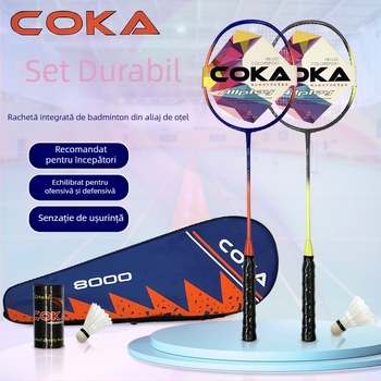 Coca 8000 Rachetă badminton, din aliaj de oțel, construcție într-o singură piesă, set durabil de antrenament pentru adulți, joc în aer liber, pereche de rachete