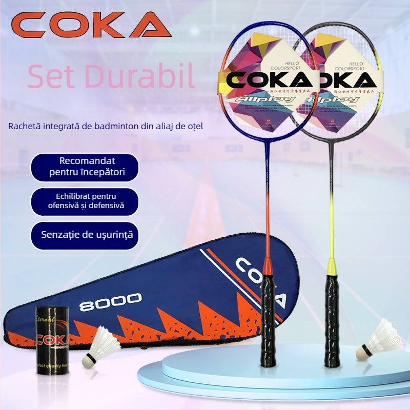 Coca 8000 Rachetă badminton, din aliaj de oțel, construcție într-o singură piesă, set durabil de antrenament pentru adulți, joc în aer liber, pereche de rachete