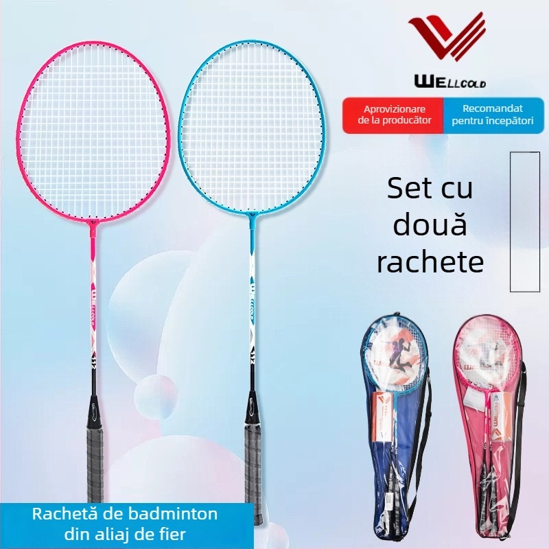 Set de rachete de badminton pentru începători, rachete de antrenament ultra-ușoare din aliaj de fier, set universal de 2 bucăți