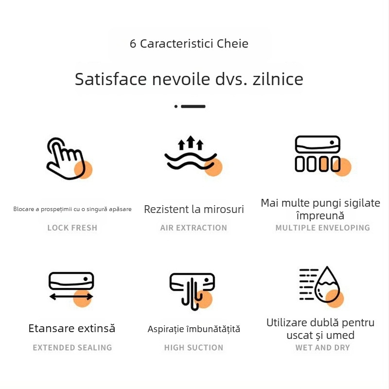 Sistem compact de vid pentru uz casnic, pentru alimente uscate și umede, sigilare automată și păstrarea prospețimii