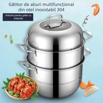 Oală de aburi cu trei niveluri din oțel inoxidabil 304, coșuri de aburi incluse, compatibilă cu plite cu inducție și gaz, capacitate mare