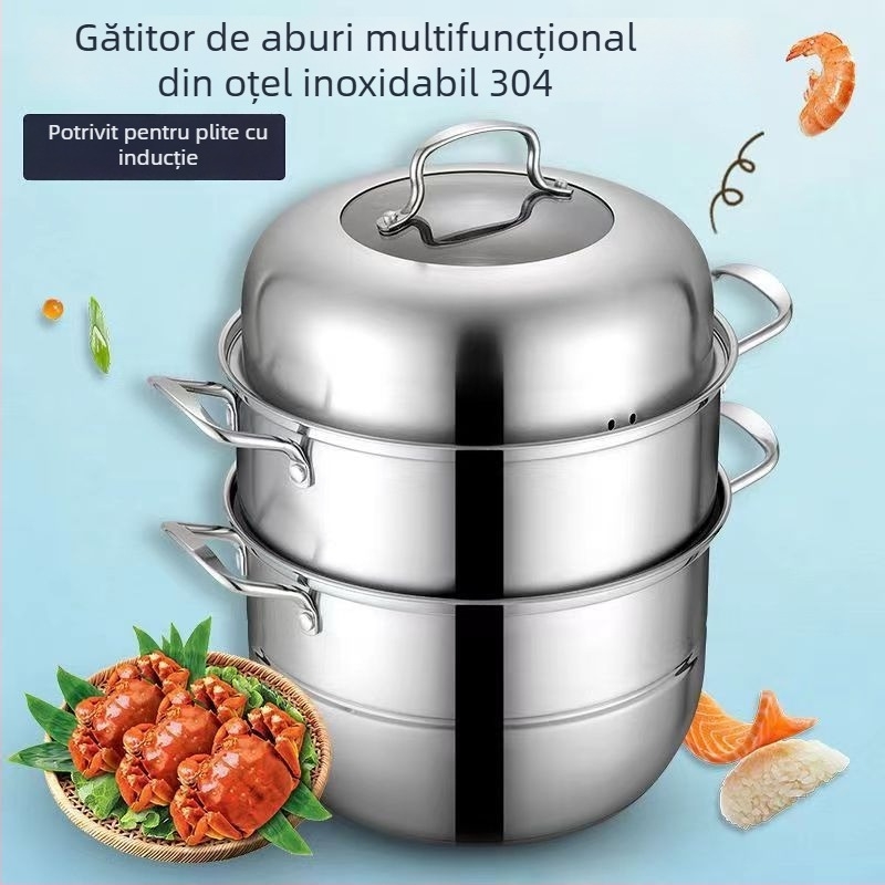 Oală de aburi cu trei niveluri din oțel inoxidabil 304, coșuri de aburi incluse, compatibilă cu plite cu inducție și gaz, capacitate mare