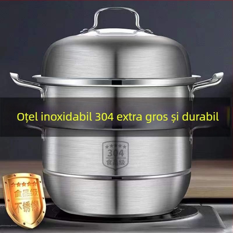 Oală de aburi cu trei niveluri din oțel inoxidabil 304, coșuri de aburi incluse, compatibilă cu plite cu inducție și gaz, capacitate mare