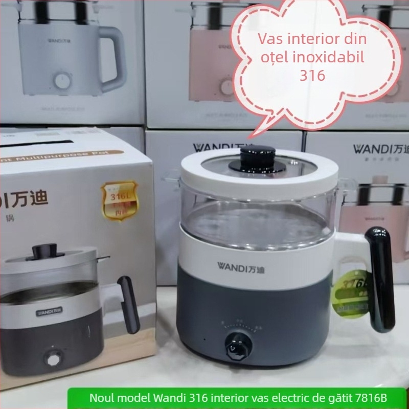 Wandi 7816B Oală electrică de gătit 1,6 L, compactă, totul într-unul, pentru cămin și uz casnic, vas interior din oțel inoxidabil 316, funcție de abur rapid