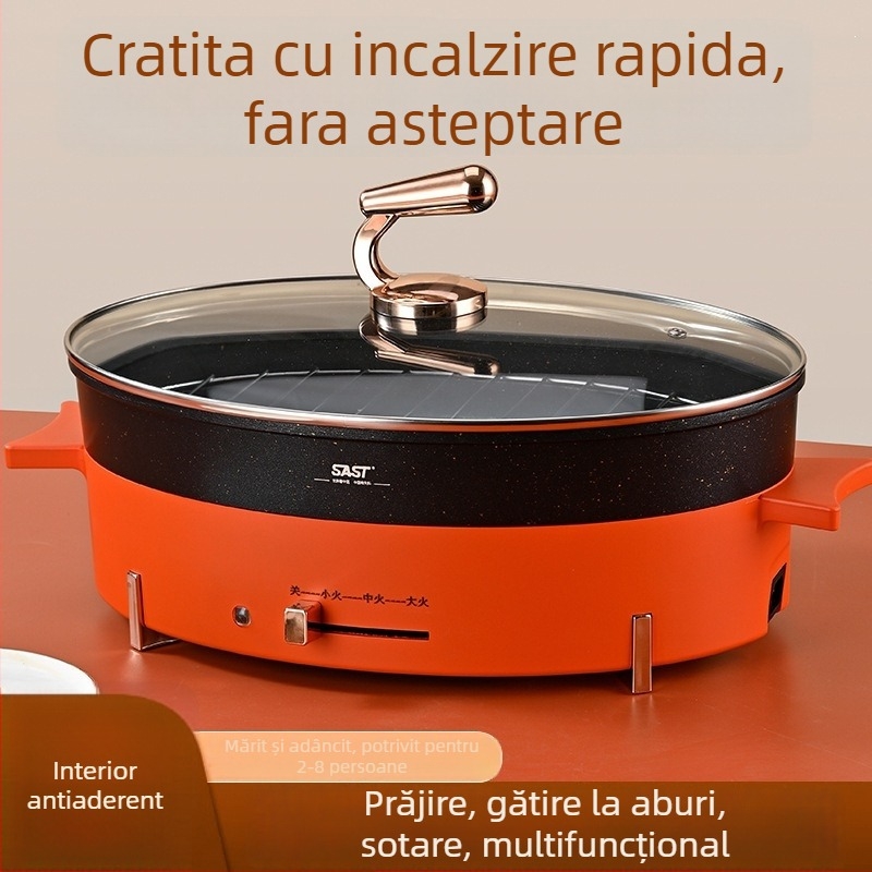 Tigaie electrică multifuncțională cu vas interior antiaderent, 1501W+, pentru 5–6 porții, prăjire, fierbere, gătire la abur și înăbuire, control prin buton, 220V