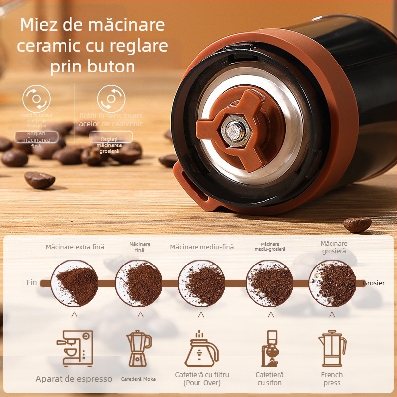 Râșniță de cafea manuală cu mâner, pentru măcinare pour-over și stil italian, pliabilă și portabilă pentru uz casnic.