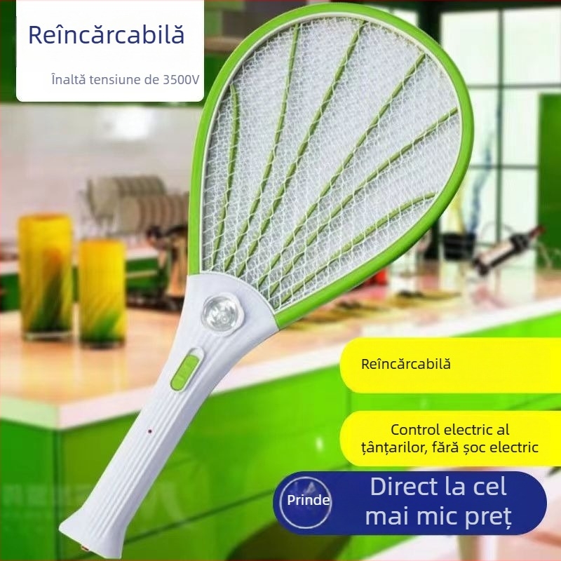 Rachetă LED electrică pentru țânțari cu baterie Li-ion încorporată, utilizare casnică, sigură și non-toxică, 22×53 cm, 3000–4000 mAh, 8–12 h autonomie, plasă Ni-Zn-Fe