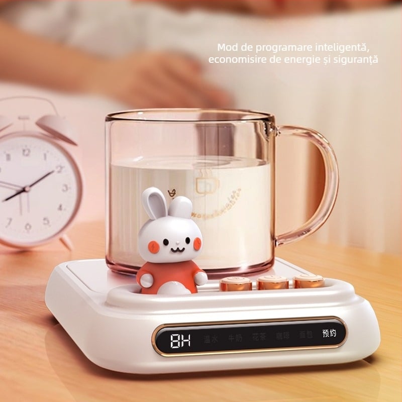 Suport încălzitor pentru cană în formă de iepure — pentru lapte cald, cafea și ceai, utilizare casnică, cu control prin buton și oprire automată
