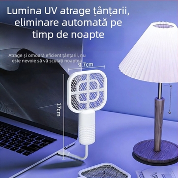 Rachetă electrică pentru țânțari și lampă capcană cu port USB, compactă, multifuncțională pentru exterior, mașină și camping