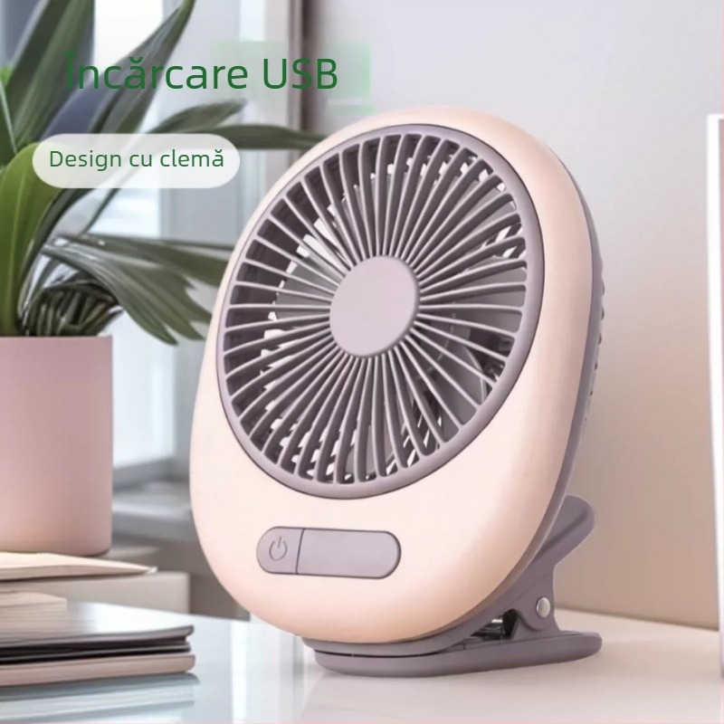 Ventilator de birou USB cu baterie încorporată, compact și portabil, cu prindere tip clemă