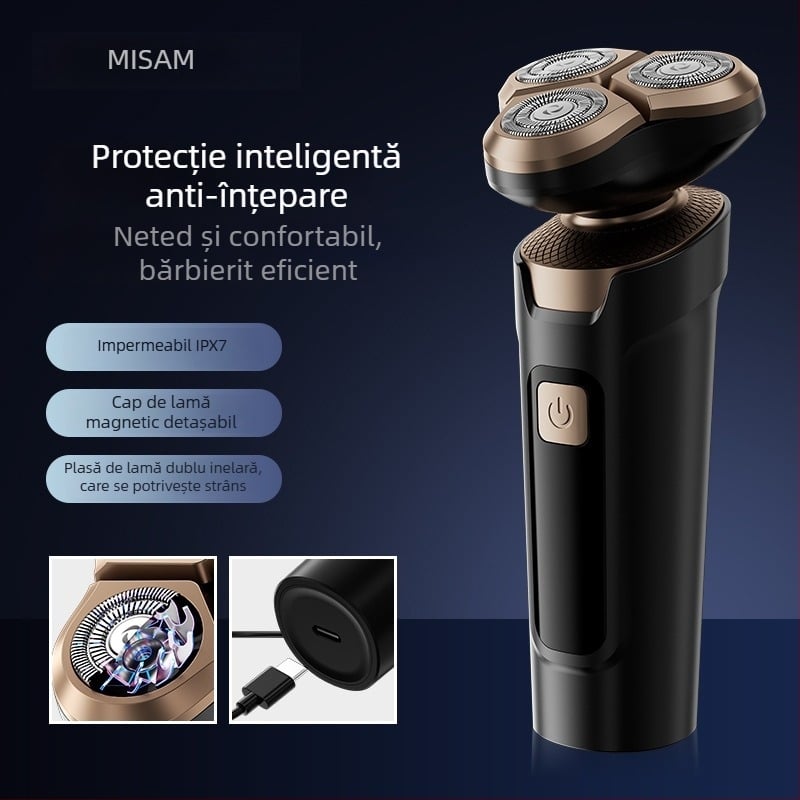 Aparat de ras electric nou, cu cap rotativ 3D cu trei lame, complet lavabil, încărcare USB și afișaj digital