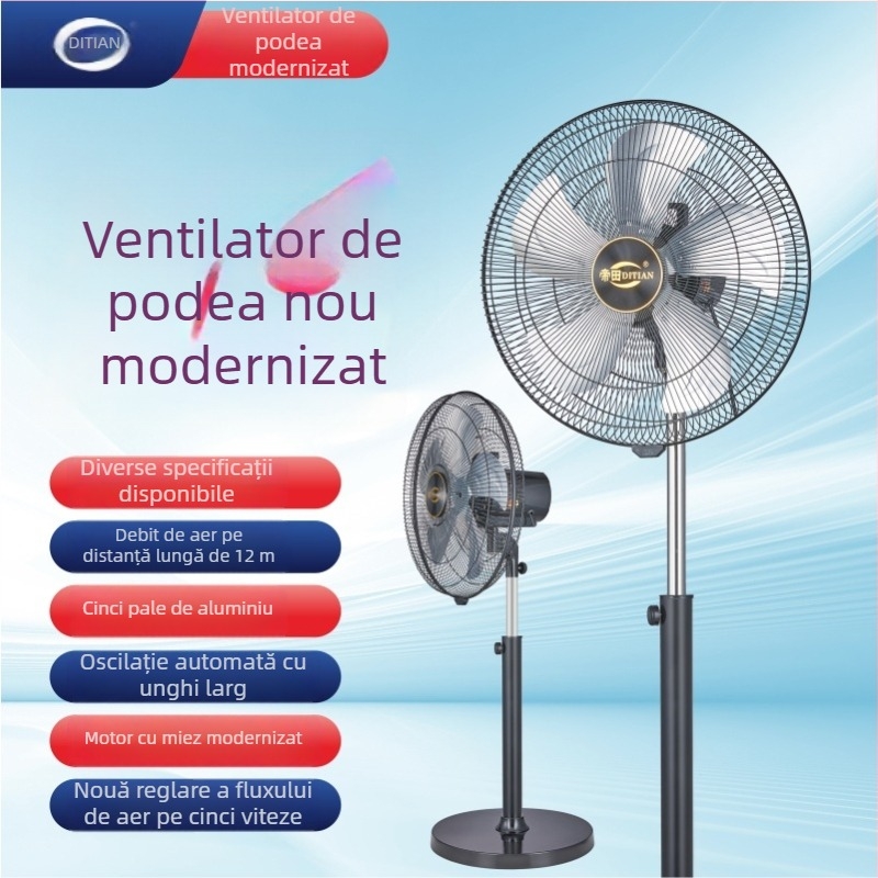 Ventilator podea cu cinci palete din aluminiu, flux de aer ridicat, pentru uz casnic, comercial și industrial