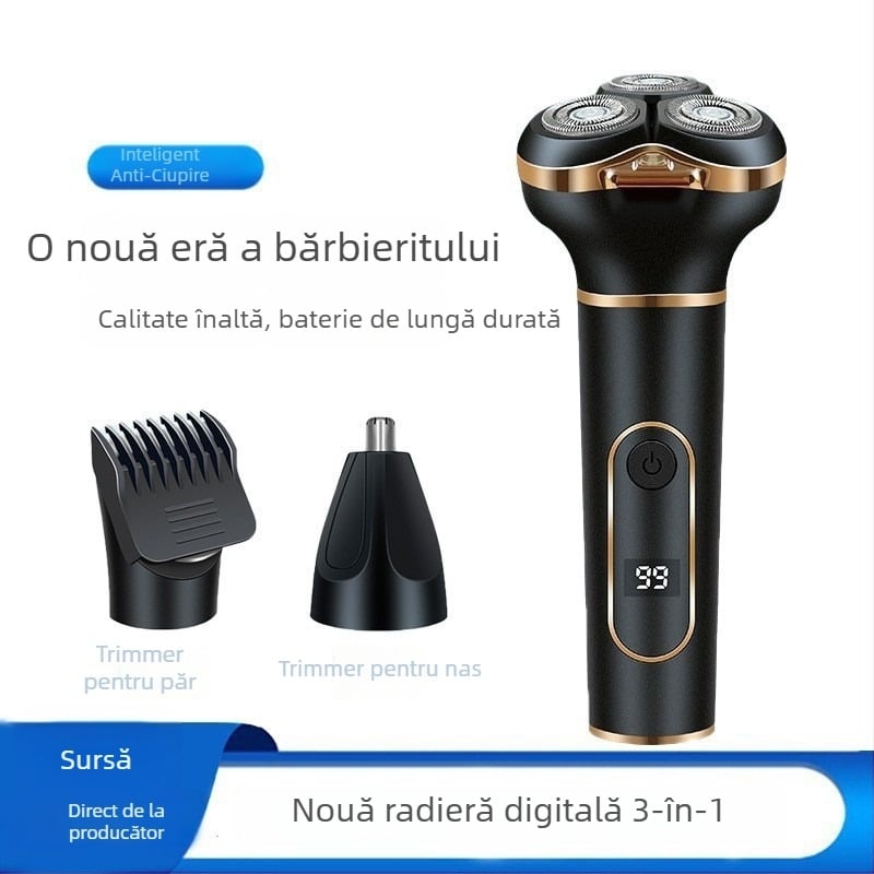 Aparat de ras electric 3 în 1 pentru bărbați, reîncărcabil, cu cap rotativ de 3 lame, umed/uscat, baterie încorporată