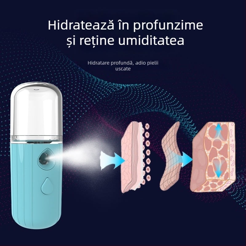 Dispozitiv portabil reîncărcabil pentru dezinfectare și hidratare, cu spray de alcool și ceață atomizată