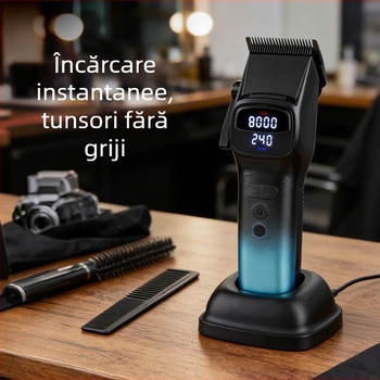 Mașină de tuns păr pentru bărbați cu afișaj digital, baterie încorporată 2000–4000 mAh, autonomie 3–6 ore, motor cu perii, lame din oțel inoxidabil, potrivită pentru animale de companie