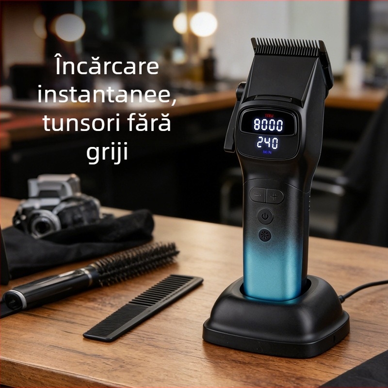 Mașină de tuns păr pentru bărbați cu afișaj digital, baterie încorporată 2000–4000 mAh, autonomie 3–6 ore, motor cu perii, lame din oțel inoxidabil, potrivită pentru animale de companie