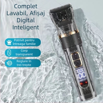 Mașină de tuns profesională, electrică, pentru frizerie, corp complet lavabil, afișaj digital, reîncărcabilă