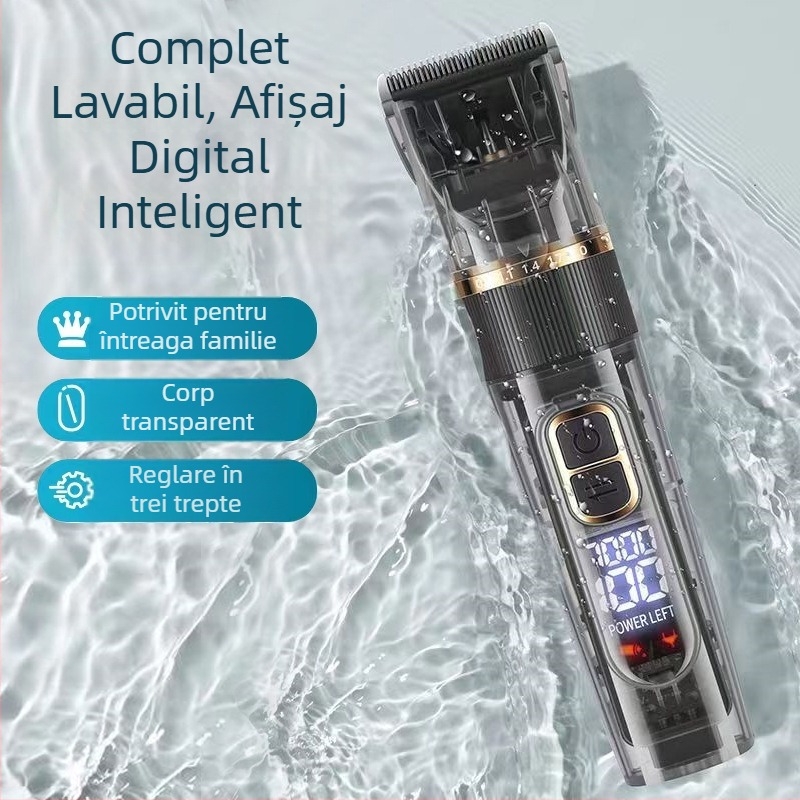 Mașină de tuns profesională, electrică, pentru frizerie, corp complet lavabil, afișaj digital, reîncărcabilă