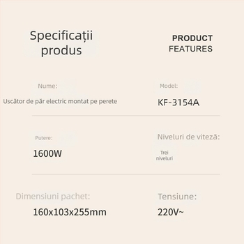 Koji KF-3154A uscător de păr montat pe perete, 1600W, pentru baie, controlul temperaturii și protecția la supraîncălzire