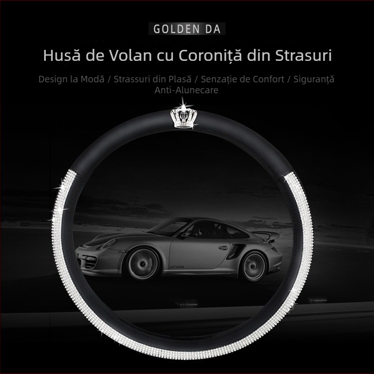 Husă pentru volan auto, în stil coroană, cu cristale, cusături decorative, universal pentru toate sezoanele, pentru femei