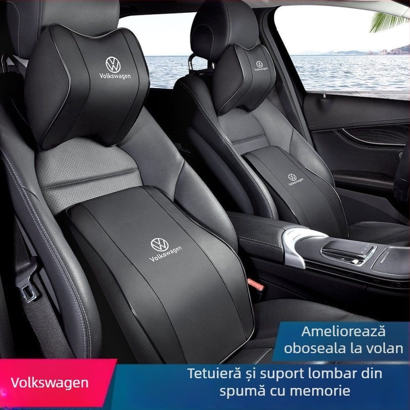Pernă de cap auto cu memorie din spumă, pernă pentru gât, acoperire din piele integrală, suport lombar, compatibil cu Sagitar, Magotan, Tiguan L, Passat, Bora