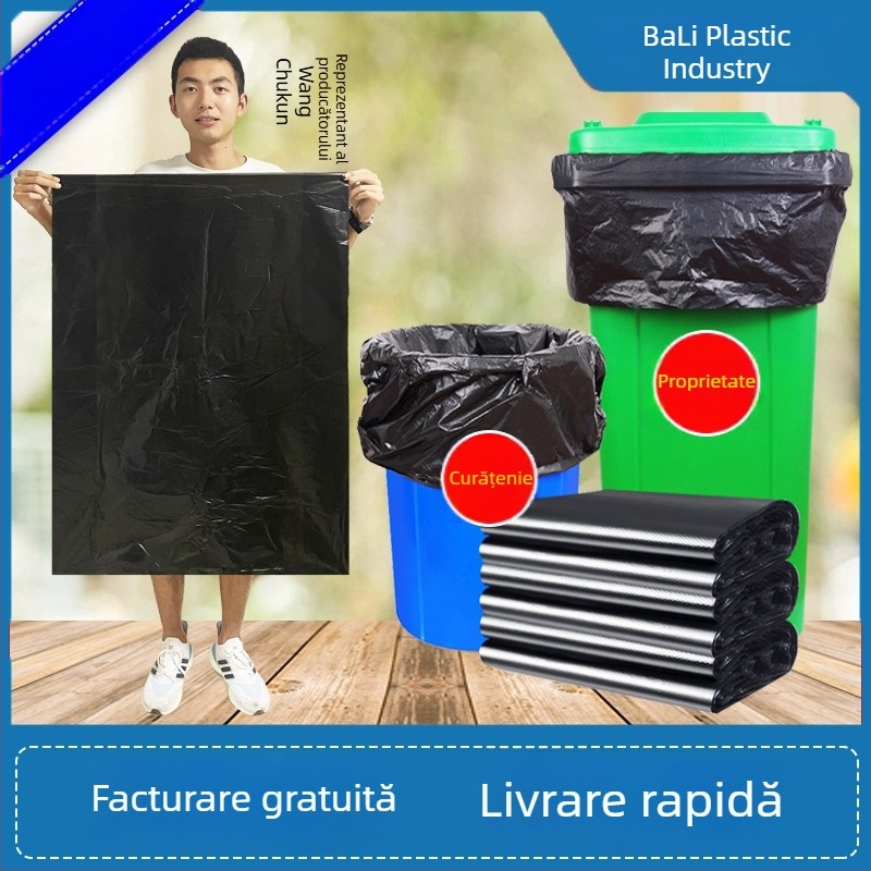 Saci de gunoi negri, cu gură plată, groși, biodegradabili, de unică folosință, pentru industrie, salubritate și hotelier