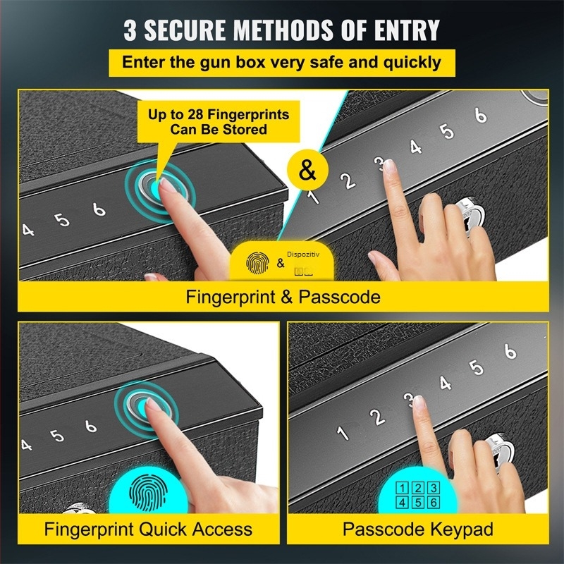 Casetă securizată pentru arme cu amprentă și parolă, interfață USB cu lumină albastră