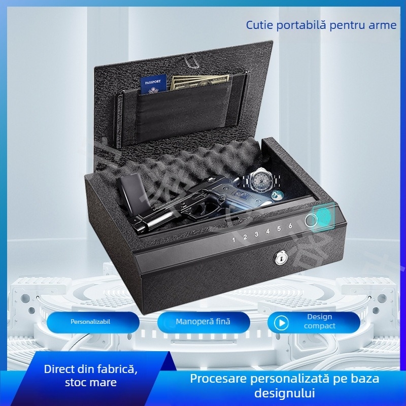 Casetă securizată pentru arme cu amprentă și parolă, interfață USB cu lumină albastră
