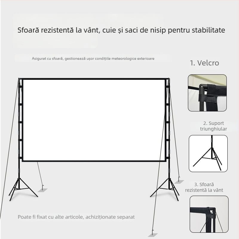 Ecran de proiecție exterior cu suport, HD, 100–120 inch, pentru acasă și camping