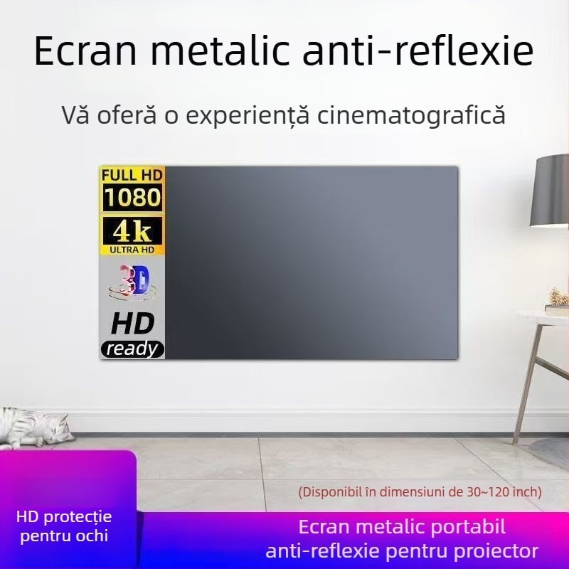 Ecran metalic anti-reflexie pentru proiector, pliabil, cu Velcro inclus, pentru uz casnic și birou