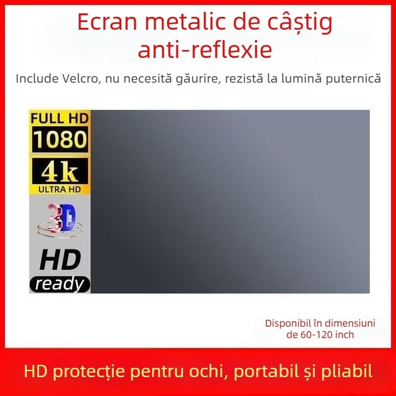 Ecran metalic anti-reflexie pentru proiector, pliabil, cu Velcro inclus, pentru uz casnic și birou