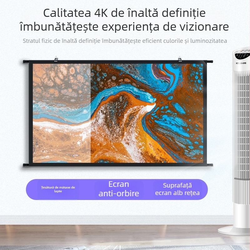 Ecran de proiecție pentru perete de 100 inch, cu tijă scurtă, montaj fără găuri, portabil și ușor de depozitat, pentru uz casnic și de birou, suprafață anti-reflexie