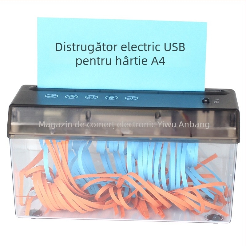 Tocător USB cu utilizare dublă, mini electric pentru birou, hârtie A4, fâșii de 5 mm, 9V, 10.8W, recipient de 2.6 L, dimensiuni 275×118×148 mm, 0.9 kg