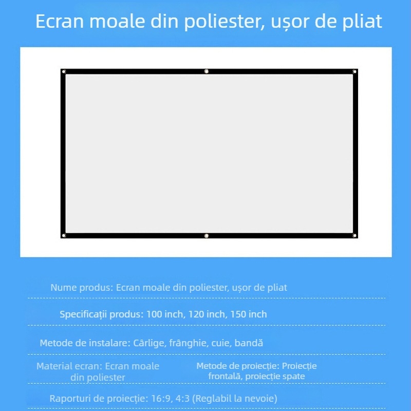 Ecran de proiecție din poliester, simplu, pentru exterior, dimensiuni 100/120/150 inci