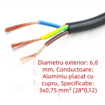 Cablu de alimentare cu conductor din aluminiu placat cu cupru, cu mufă, stil francez, standard european, conector cu 3 pini