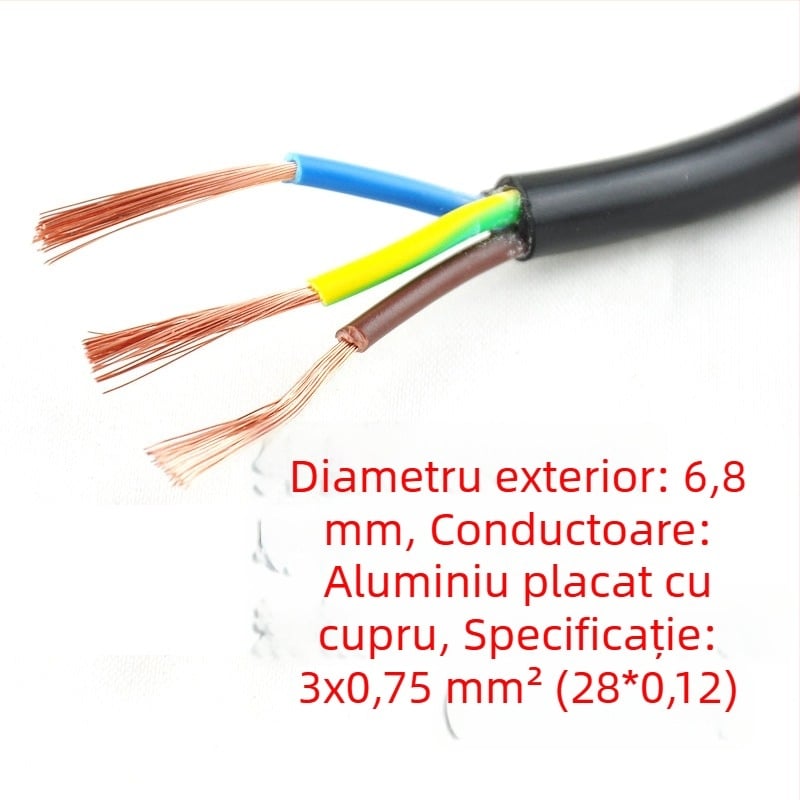 Cablu de alimentare cu conductor din aluminiu placat cu cupru, cu mufă, stil francez, standard european, conector cu 3 pini