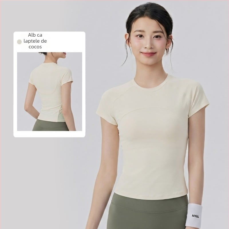 Tricou sport pentru femei, uscare rapidă, absorbție a transpirației, plasă respirabilă pentru yoga, mânecă scurtă