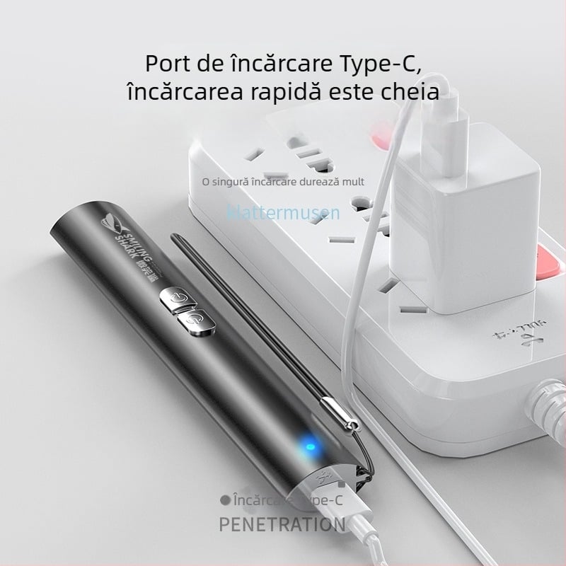 Jucărie cu laser pentru pisici Smiling Shark, aliaj de aluminiu, reîncărcabil, lanternă cu rază lungă, indicator roșu și verde