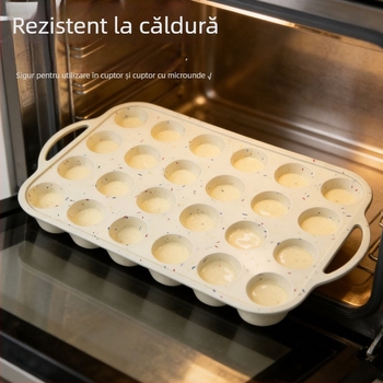 Tavă rotundă din silicon, întărită cu oțel, 24 forme pentru brioșe, antiaderentă pentru coacere acasă