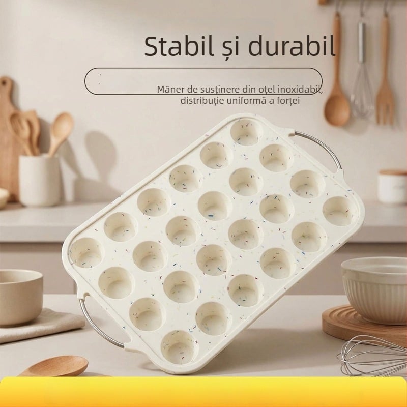 Tavă rotundă din silicon, întărită cu oțel, 24 forme pentru brioșe, antiaderentă pentru coacere acasă