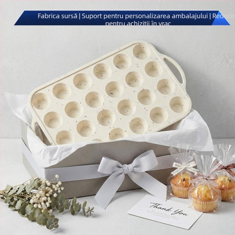 Tavă rotundă din silicon, întărită cu oțel, 24 forme pentru brioșe, antiaderentă pentru coacere acasă