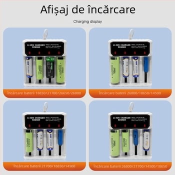 Încărcător pentru baterii litiu 26650, 18650, 26800 și 21700 — inteligent, cu patru sloturi și port Type-C